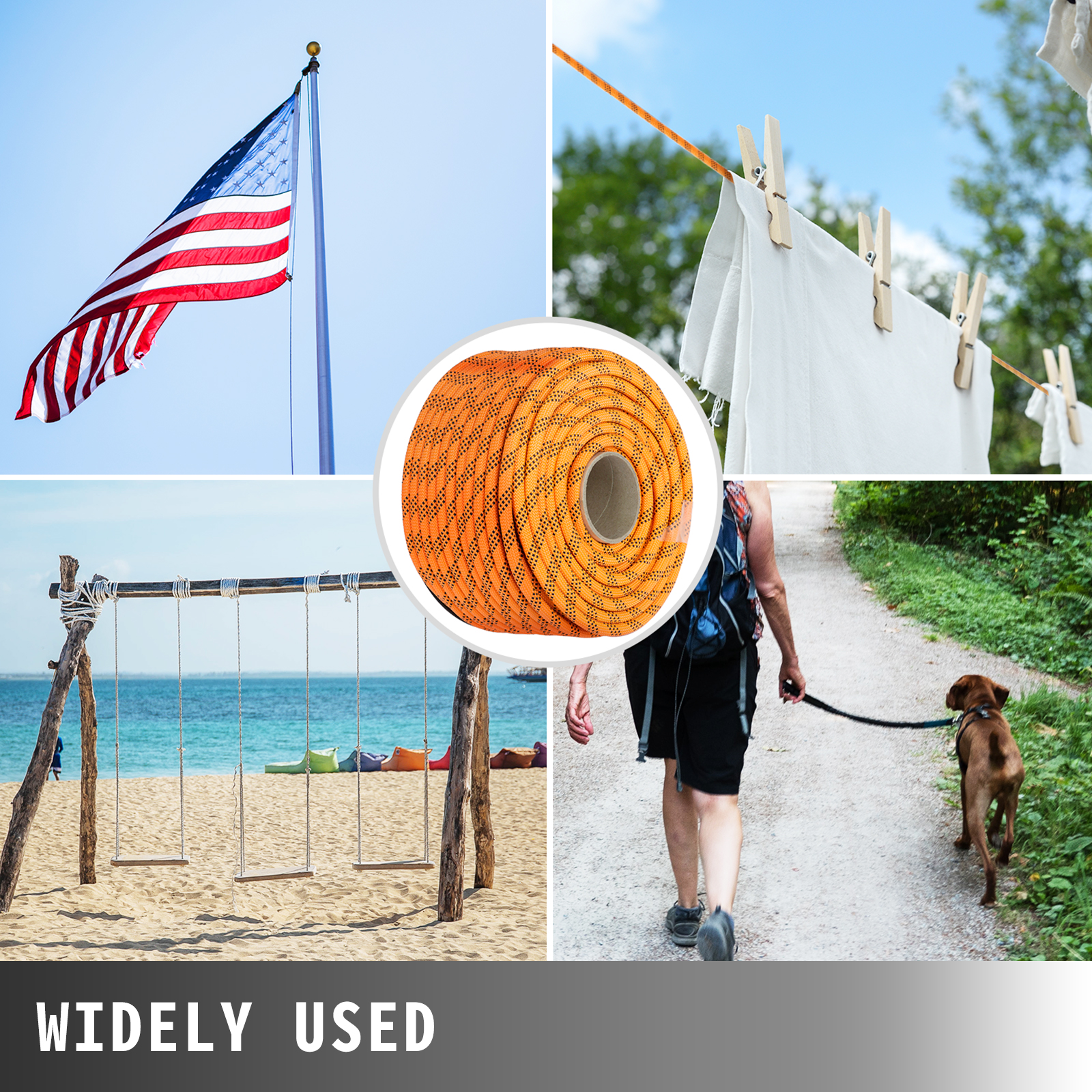 VEVOR double braid polyester rope in various applications: flagpole, clothesline, swings, dog leash.