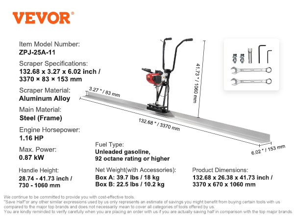 VEVOR gas concrete power screed with steel frame, aluminum alloy scraper, and 1.16 hp engine.