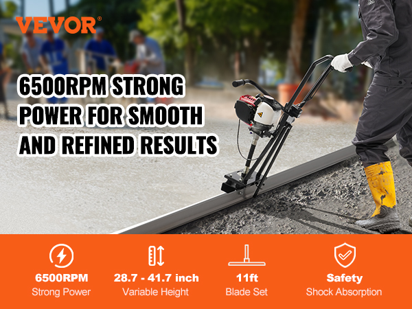 VEVOR gas concrete power screed in use smoothing gravel with strong 6500rpm engine and 11ft blade.