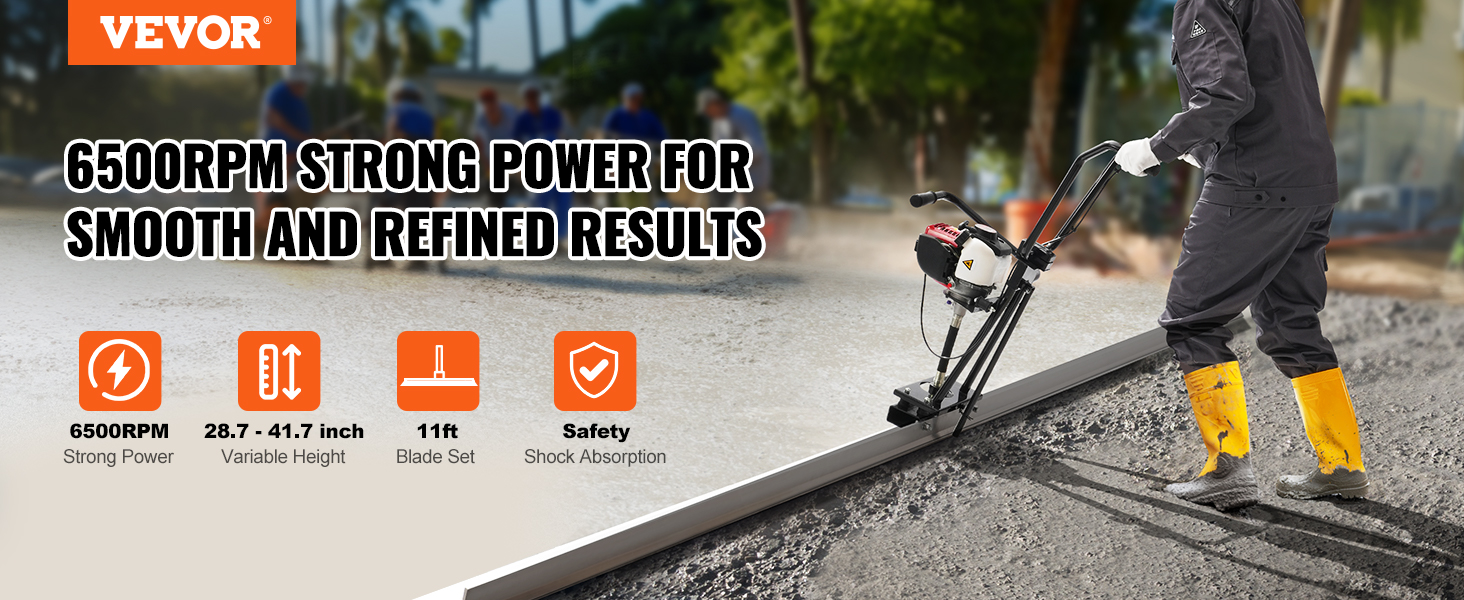 VEVOR gas concrete power screed in use smoothing gravel with strong 6500rpm engine and 11ft blade.