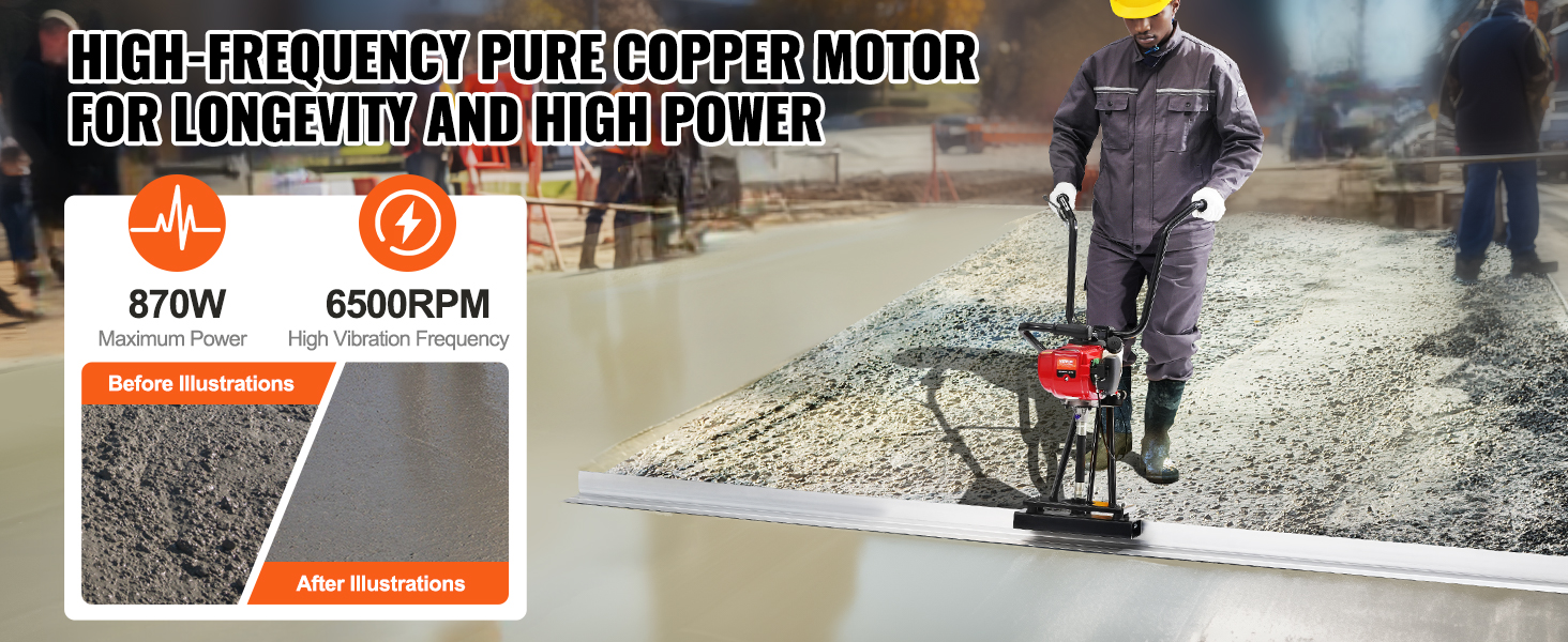 construction worker using VEVOR gas concrete power screed with high-frequency pure copper motor.