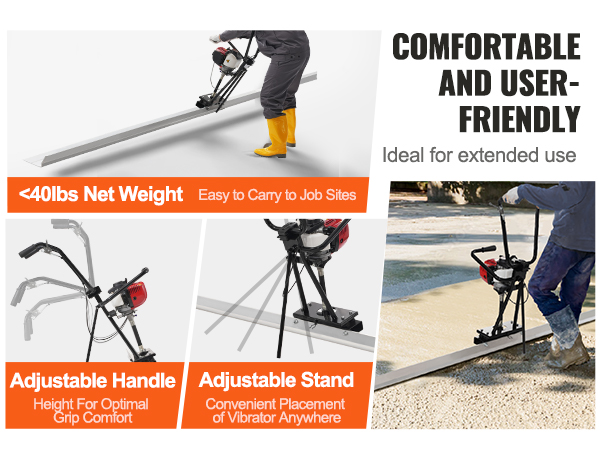 VEVOR gas concrete power screed with adjustable handle and stand, <40lbs weight for easy job site carry.