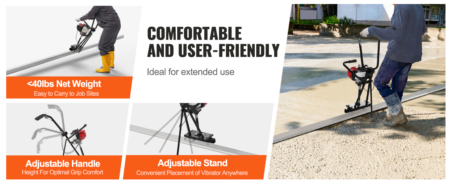 VEVOR gas concrete power screed with adjustable handle and stand, <40lbs weight for easy job site carry.