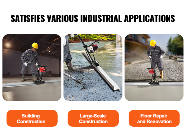 VEVOR gas concrete power screed assembly steps with accessories and installation guide.