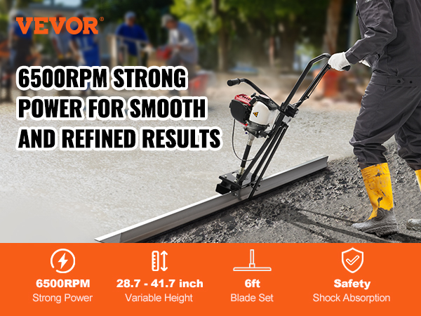 VEVOR gas concrete power screed in use, offering 6500rpm power and shock absorption for smooth results.