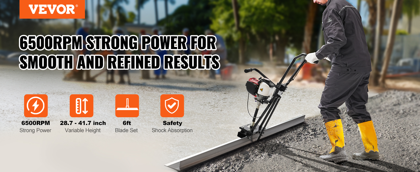 VEVOR gas concrete power screed in use, offering 6500rpm power and shock absorption for smooth results.