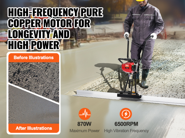 worker smoothing concrete with VEVOR gas concrete power screed, showcasing 870w, 6500rpm performance.