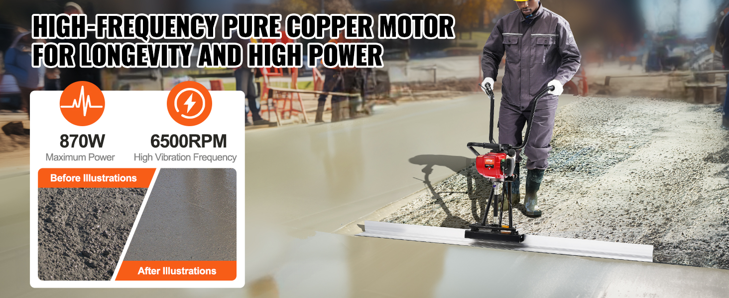 worker smoothing concrete with VEVOR gas concrete power screed, showcasing 870w, 6500rpm performance.