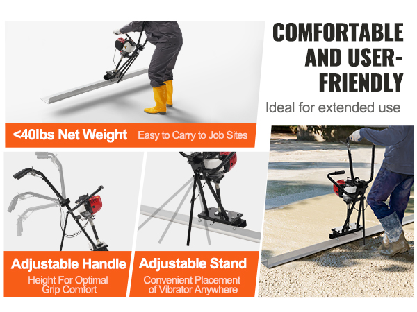 comfortable and user-friendly VEVOR gas concrete power screed, <40lbs, adjustable handle and stand.