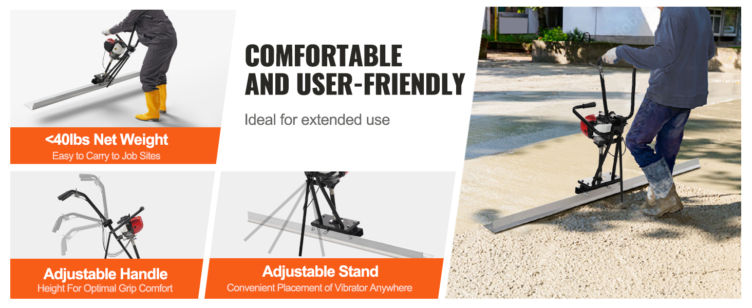 comfortable and user-friendly VEVOR gas concrete power screed, <40lbs, adjustable handle and stand.