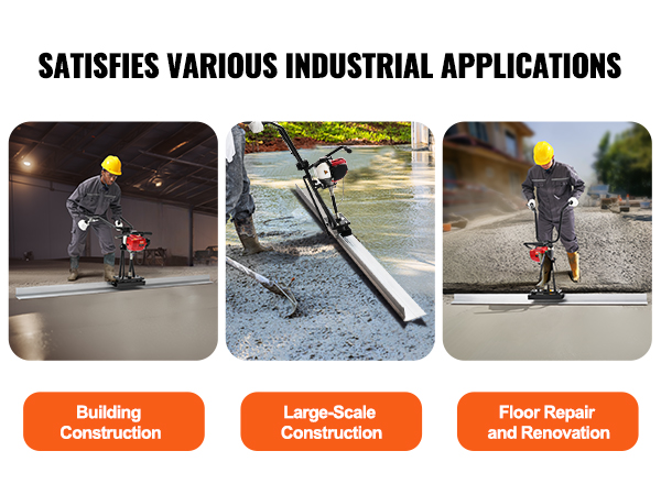 easy installation guide for VEVOR gas concrete power screed with accessory details and assembly steps.