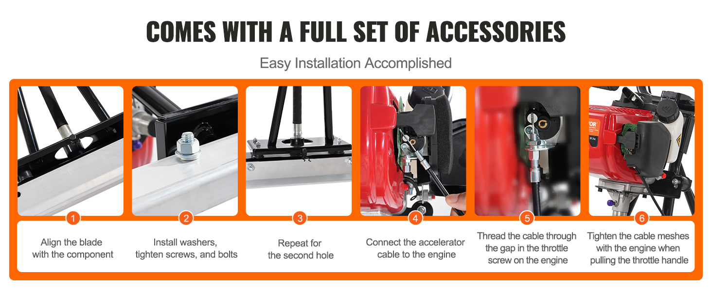 easy installation guide for VEVOR gas concrete power screed with accessory details and assembly steps.