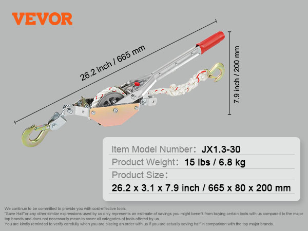 VEVOR rope puller jx1.3-30 dimensions: 26.2 x 3.1 x 7.9 inches, weight: 15 lbs.