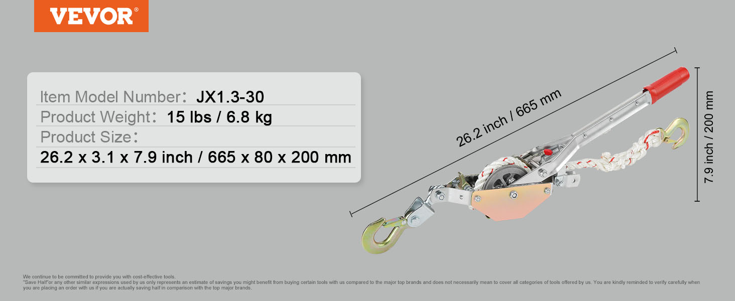 VEVOR rope puller jx1.3-30 dimensions: 26.2 x 3.1 x 7.9 inches, weight: 15 lbs.