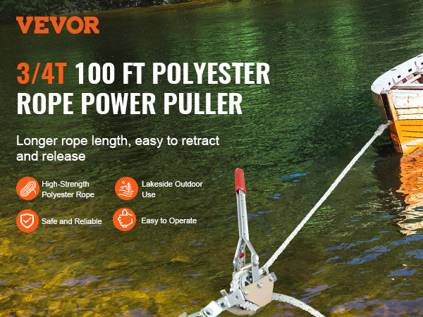 VEVOR rope puller 3/4t 100 ft polyester rope pulling a boat on a calm lake, easy to operate.