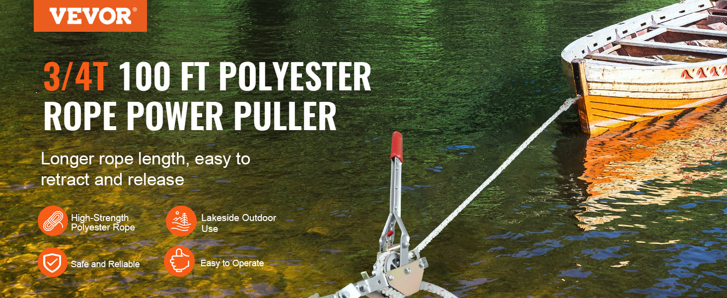 VEVOR rope puller 3/4t 100 ft polyester rope pulling a boat on a calm lake, easy to operate.