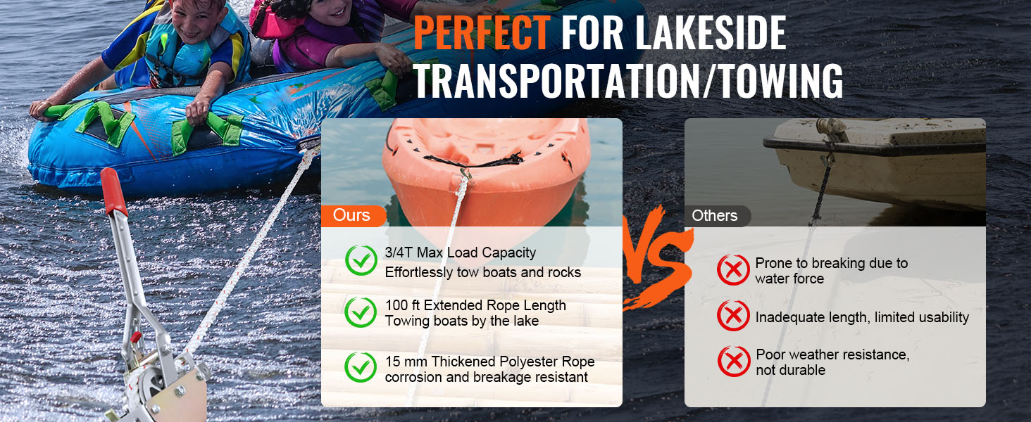 VEVOR rope puller towing inflatable boat with kids, highlighting benefits over other ropes.