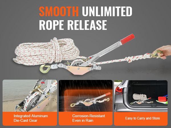 VEVOR rope puller with smooth release, corrosion resistance, and easy storage.