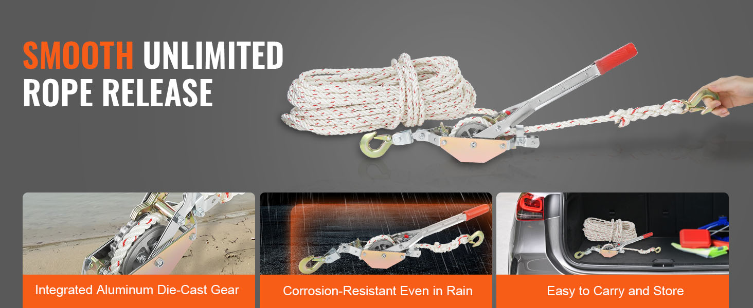 VEVOR rope puller with smooth release, corrosion resistance, and easy storage.