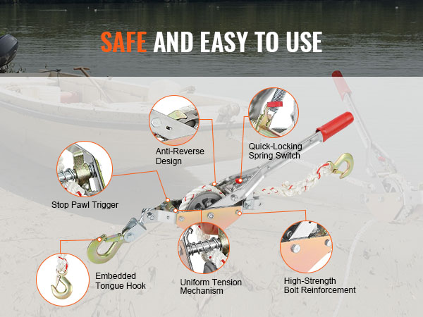 safe and easy to use VEVOR rope puller with anti-reverse design, quick-locking switch, and more.