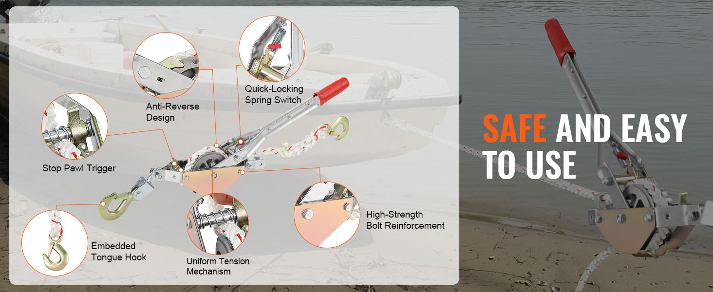 safe and easy to use VEVOR rope puller with anti-reverse design, quick-locking switch, and more.