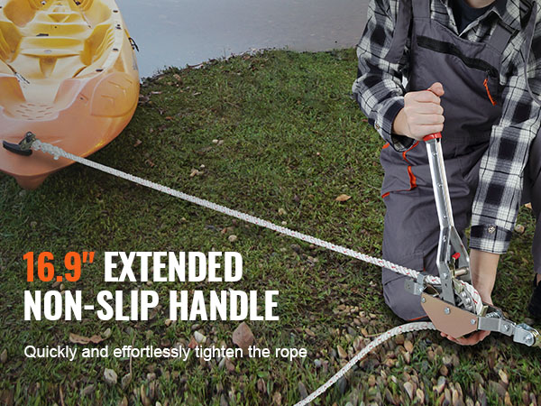 VEVOR rope puller with 16.9" extended non-slip handle tightening rope on a kayak by the shore.