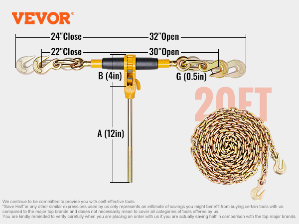 VEVOR ratchet chain binder 20ft specifications with measurements and a coiled chain.