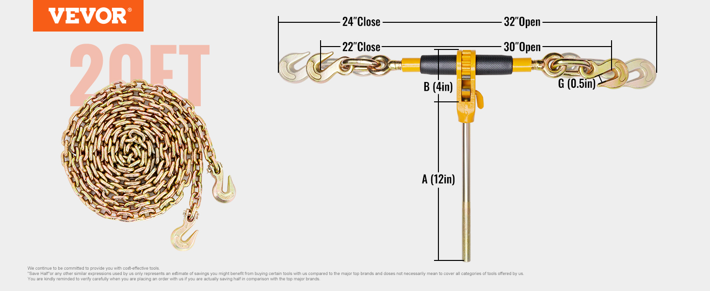 VEVOR ratchet chain binder 20ft specifications with measurements and a coiled chain.