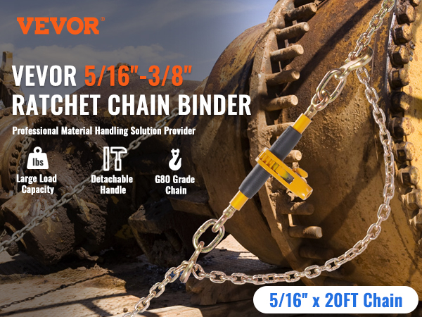 VEVOR ratchet chain binder with detachable handle, g80 grade chain, large load capacity, 5/16"-3/8"