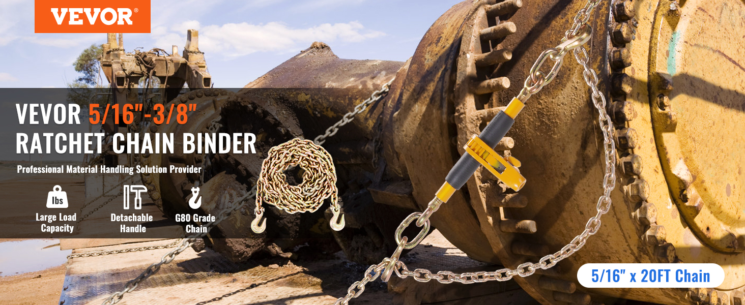 VEVOR ratchet chain binder with detachable handle, g80 grade chain, large load capacity, 5/16"-3/8"