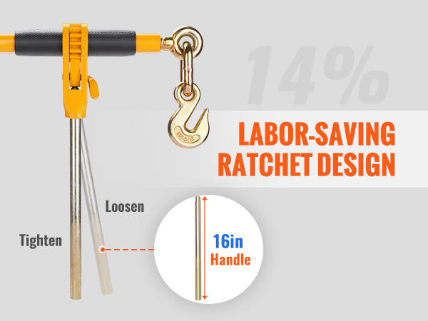 VEVOR ratchet chain binder with 16in handle, labor-saving design, easy operation, and detachable handle.