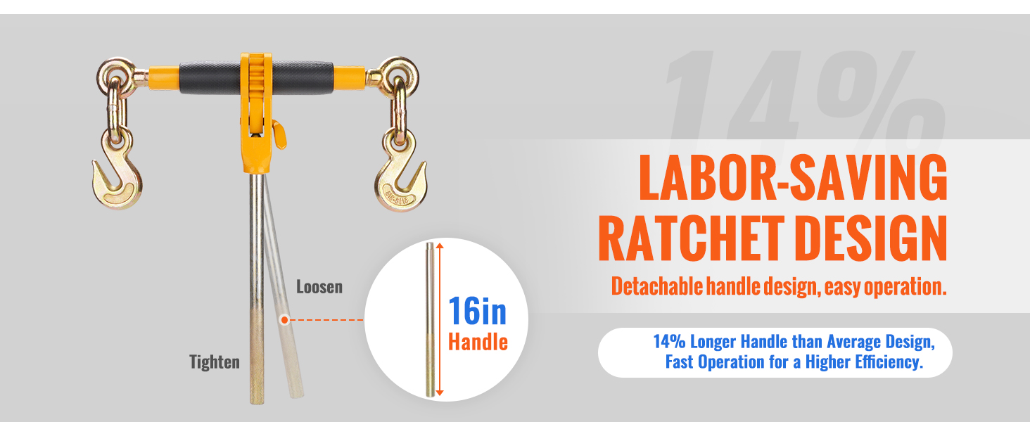 VEVOR ratchet chain binder with 16in handle, labor-saving design, easy operation, and detachable handle.