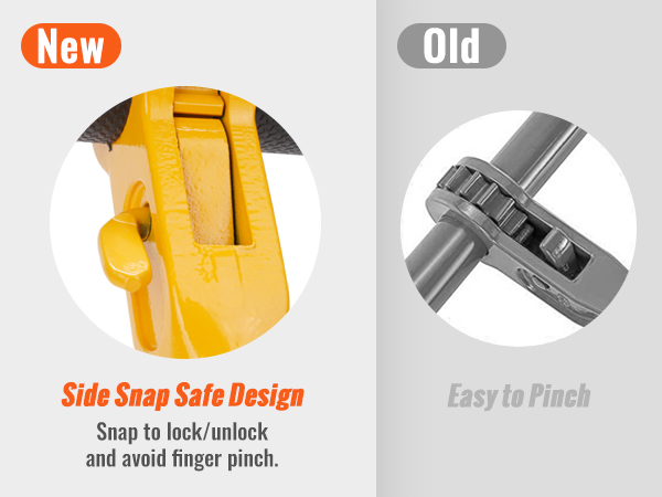 VEVOR ratchet chain binder comparison: new side snap safe design versus old model with finger pinch risk.