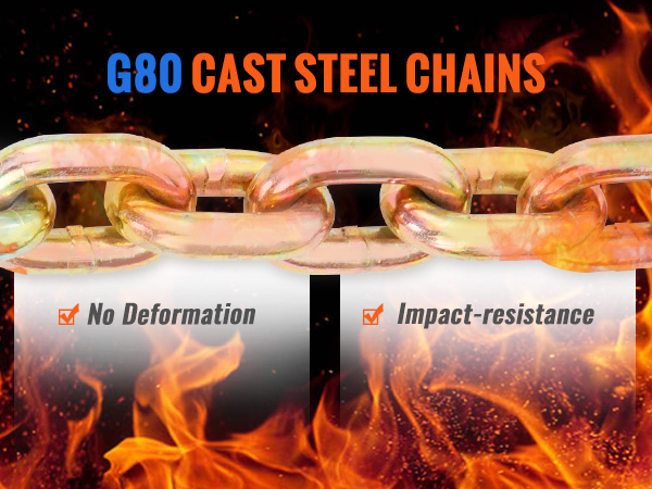 g80 cast steel chains with no deformation and impact-resistance qualities amidst fiery background.