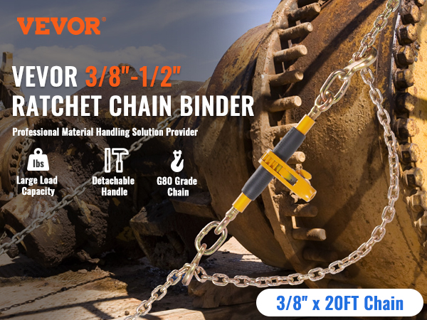 VEVOR ratchet chain binder securing heavy machinery with g80 grade chain and detachable handle.