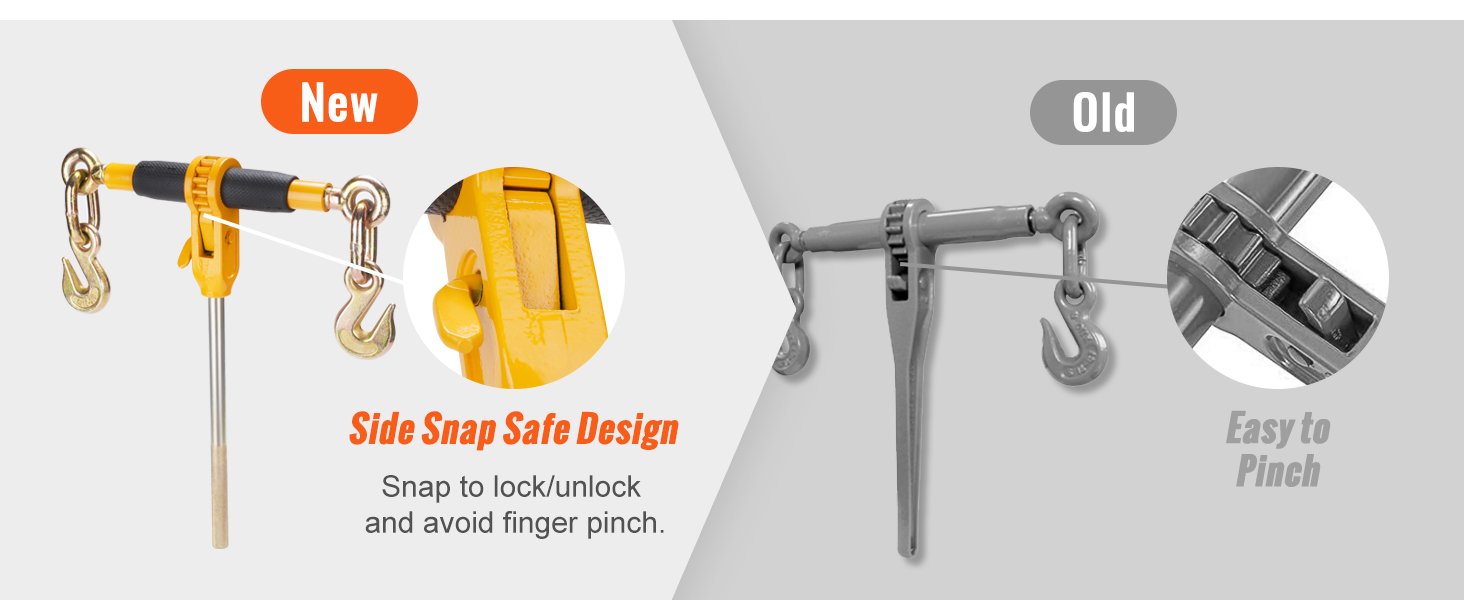 VEVOR ratchet chain binder, new side snap safe design vs. old, prevents finger pinching.