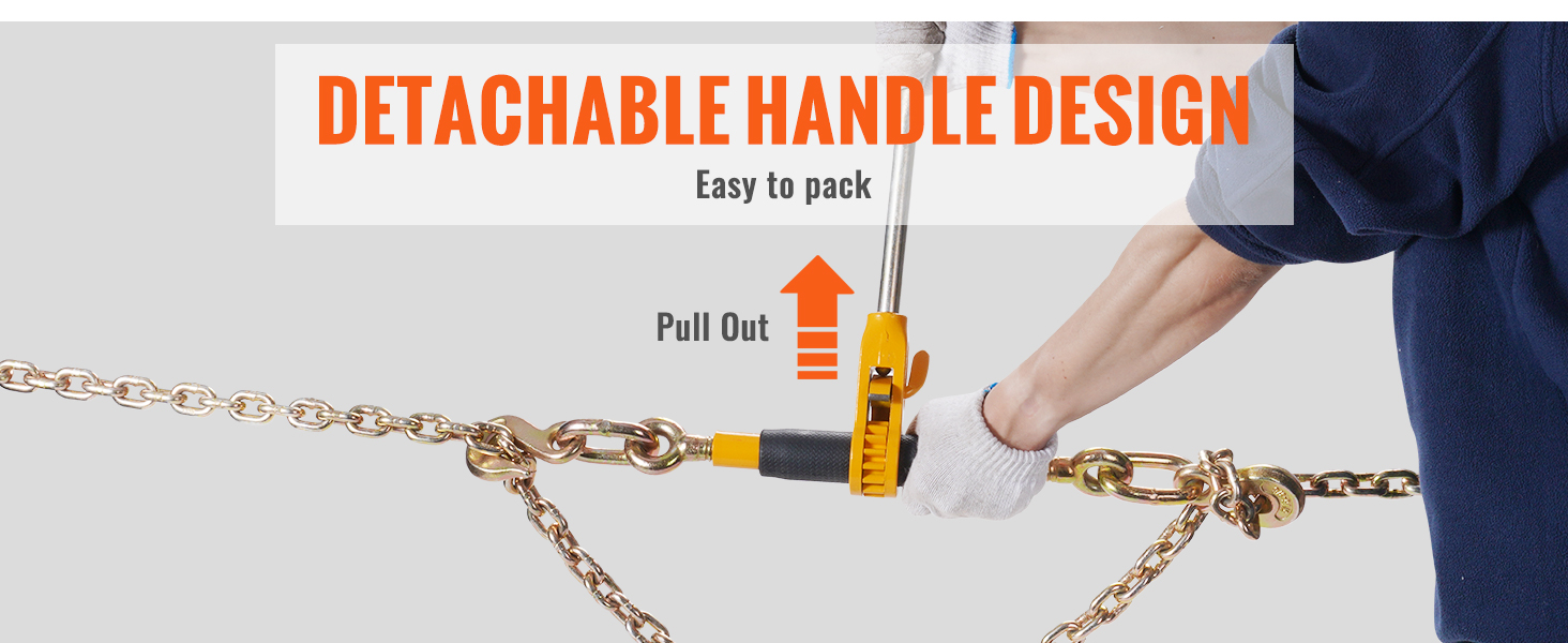 detachable handle design, easy-to-pack VEVOR ratchet chain binder being pulled out by a gloved hand.