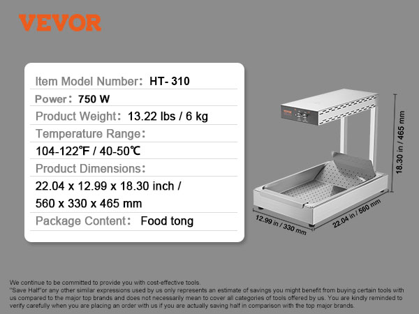VEVOR french fry warmer ht-310, 750w, 22.04 x 12.99 x 18.30 in, food tong included.