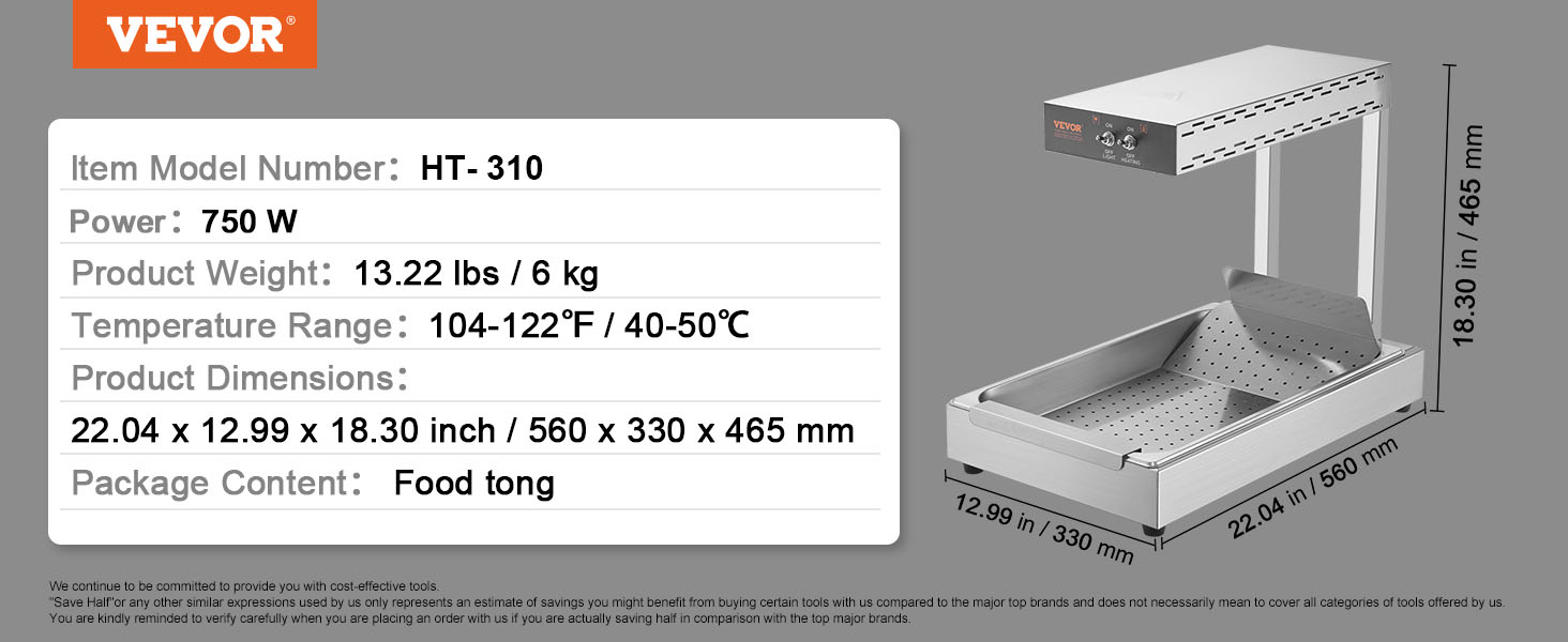 VEVOR french fry warmer ht-310, 750w, 22.04 x 12.99 x 18.30 in, food tong included.
