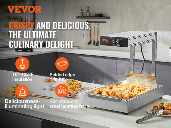VEVOR french fry warmer in a kitchen with fried foods, temperature control, and stainless steel heating.