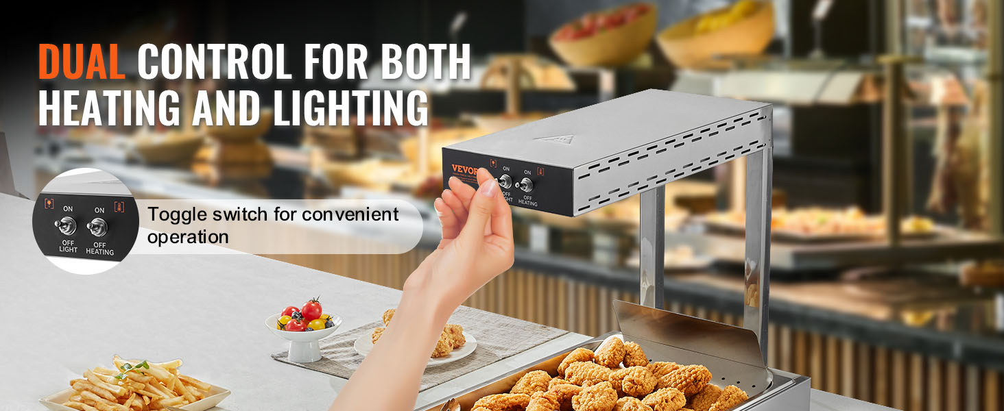 VEVOR french fry warmer with dual control for heating and lighting. toggle switch for easy use.