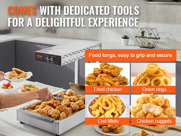 VEVOR french fry warmer showcasing fried chicken, onion rings, cod fillets, and chicken nuggets.