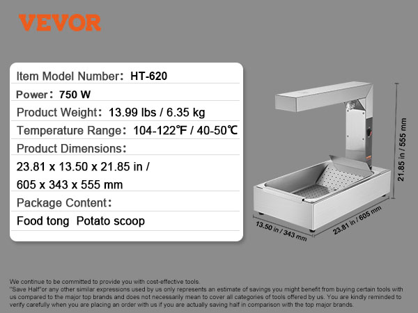 VEVOR french fry warmer ht-620, 750w, 104-122°f, 23.81 x 13.50 x 21.85 in dimensions.