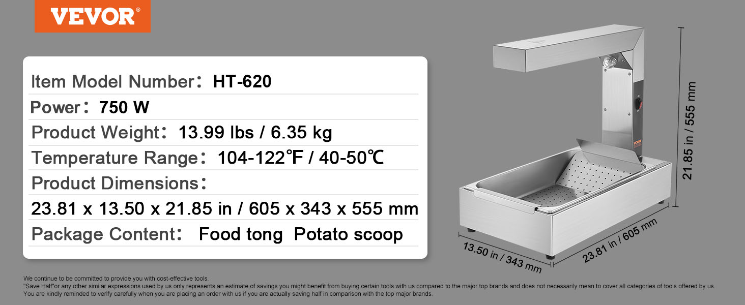 VEVOR french fry warmer ht-620, 750w, 104-122°f, 23.81 x 13.50 x 21.85 in dimensions.