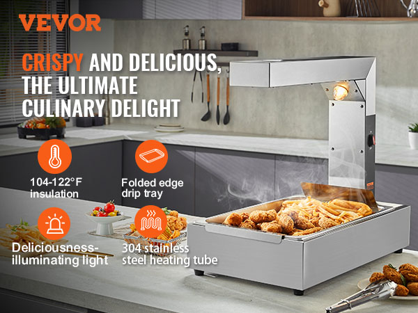 VEVOR french fry warmer in a modern kitchen, showcasing crispy fries and fried chicken under warm light.