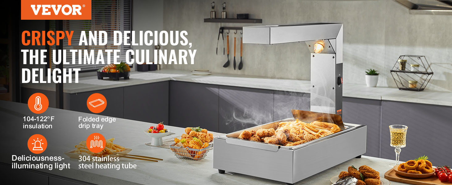 VEVOR french fry warmer in a modern kitchen, showcasing crispy fries and fried chicken under warm light.