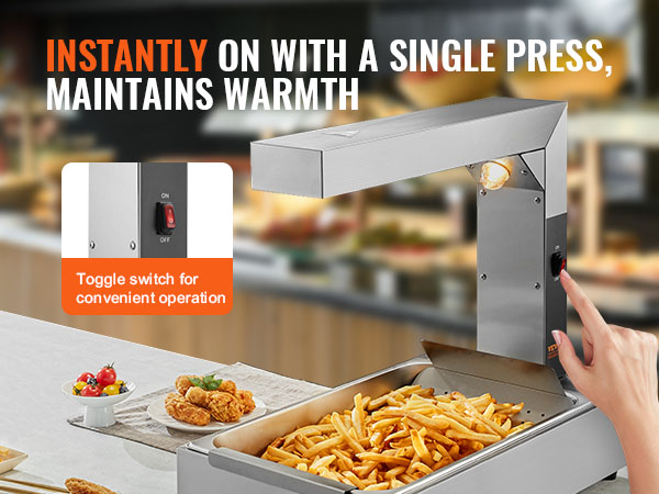 VEVOR french fry warmer with toggle switch, keeping fries hot with a single press, in a busy kitchen.