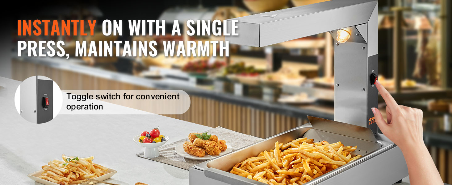 VEVOR french fry warmer with toggle switch, keeping fries hot with a single press, in a busy kitchen.