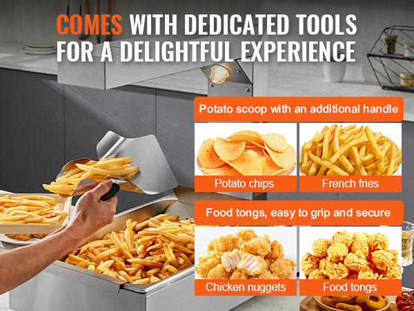 person using the VEVOR french fry warmer with a potato scoop, featuring fries, chips, and tongs.