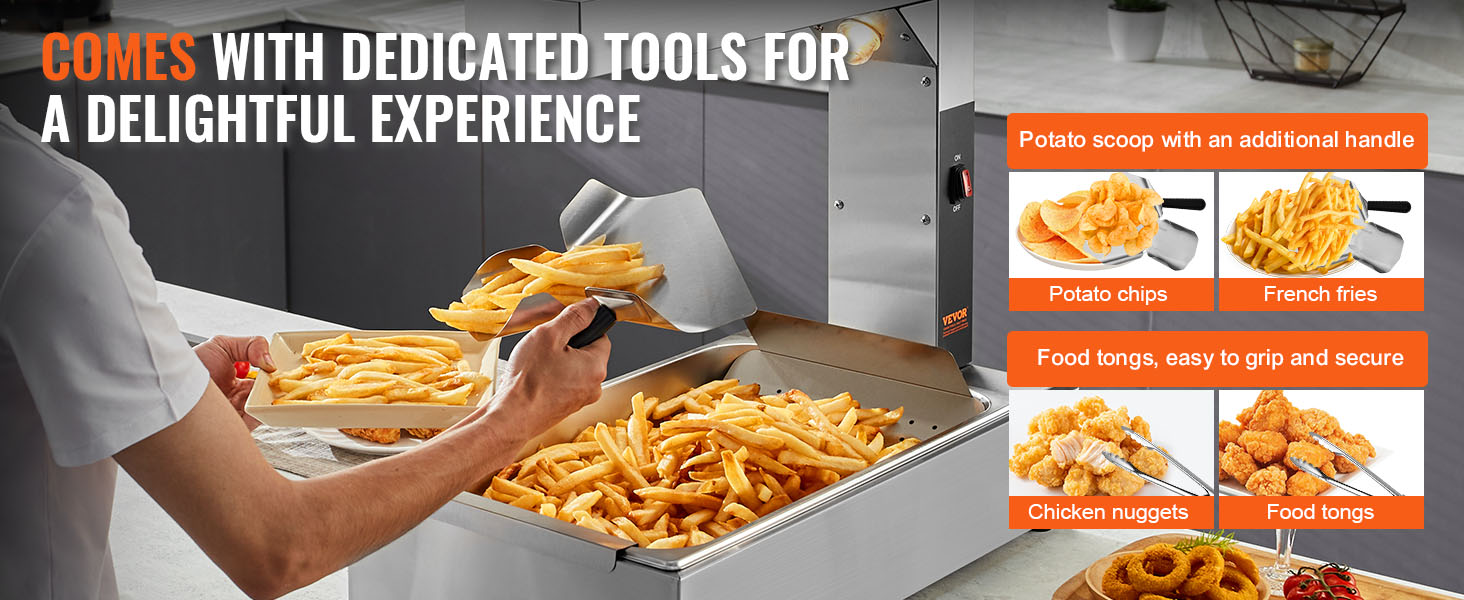 person using the VEVOR french fry warmer with a potato scoop, featuring fries, chips, and tongs.